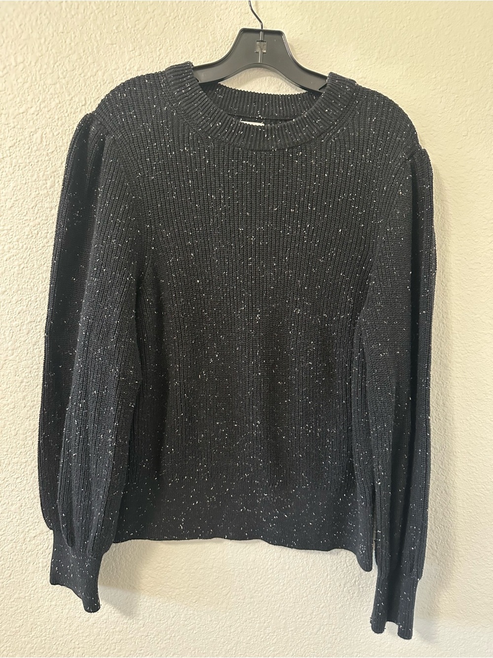 NIC+ZOE Black Speckled Puff Sleeve Ribbed Knit Crewneck Sweater XL
